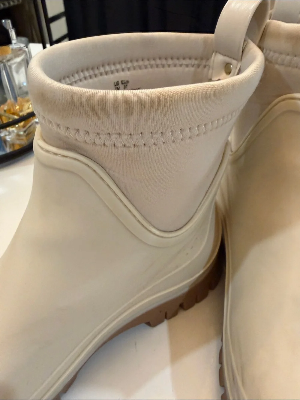 Women’s Beige Ankle Rain Boots - Slip-On Waterproof Chelsea Style